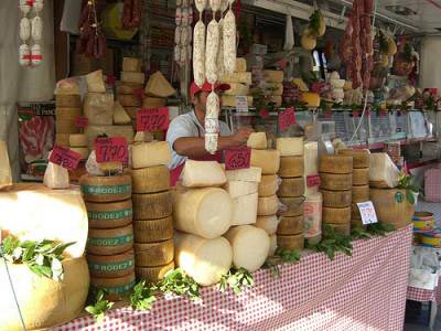 Cheese and sausages on a market in Puglia