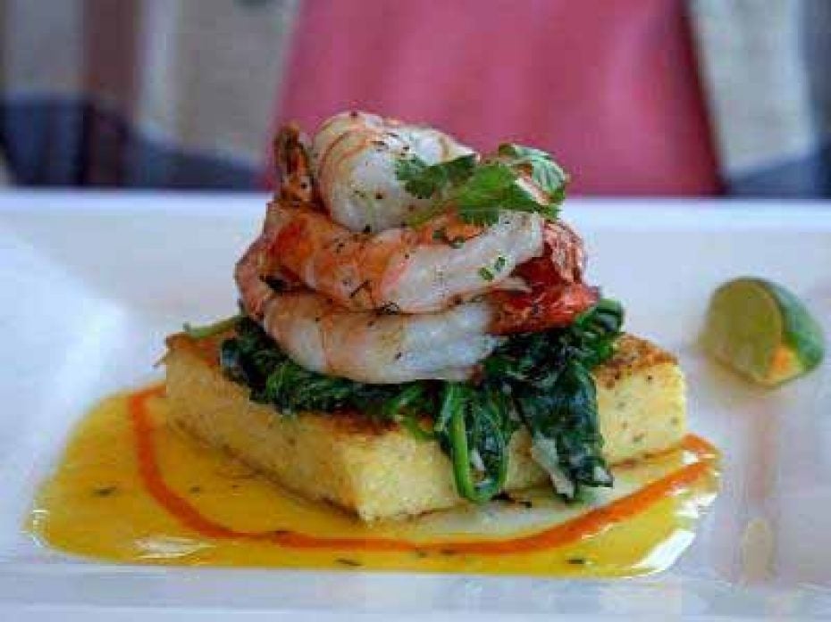 Polenta square with shrimps on top