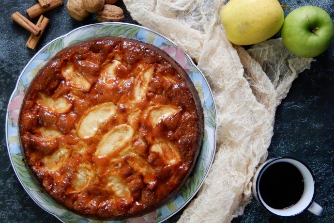 Torta di mela (Italian apple tart) with apples, espresso, walnuts and cinnamon