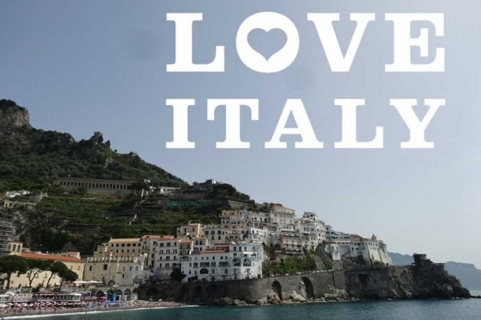 Breathtaking view of the Amalfi coast and a love Italy banner