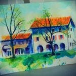 A guests water painting of the Venice villa while on the painting holiday