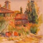 Colourful watercolour painting of a rusting building in Tuscany