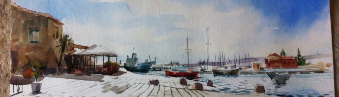 Watercolour painting of harbour, boats and sea in Marzamemi in Sicily