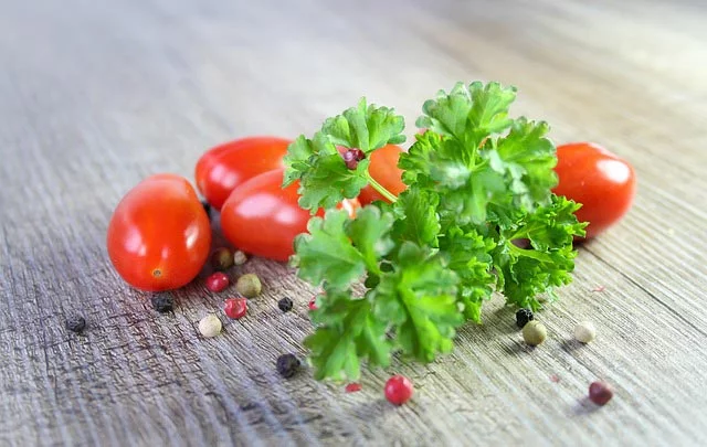 Lovely array of cherry tomatoes, parsley and peppercorns