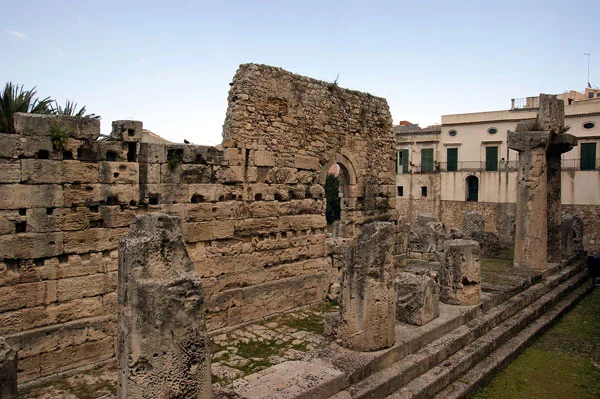 Ground shot of Tempio di Apollo (Temple of Apollo) in Sicily, Italy