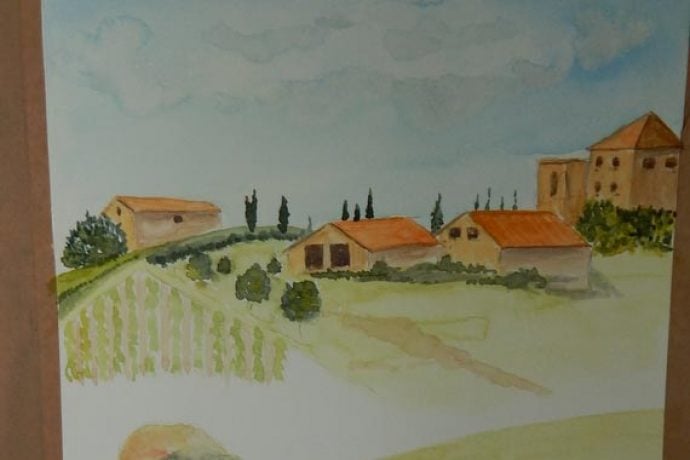 Watercolour painting of Italian houses, hills and cypress trees