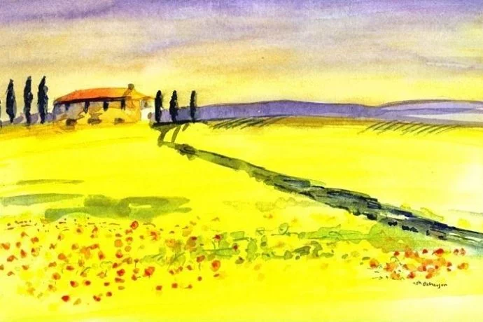 Watercolour painting of the Tuscan landscape by Michael Gahagan