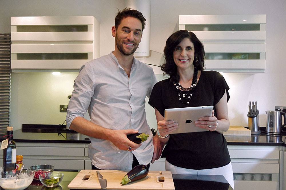 Tracey Mcalpine and nutritionist Rob Hobson in the Kitchen with an eggplant