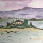 Watercolour painting of Tuscan landscape, villa and cypress trees