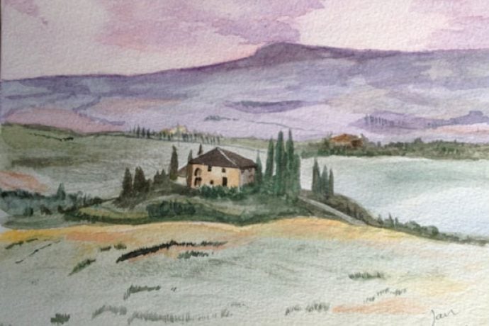 Watercolour painting of Tuscan landscape, villa and cypress trees