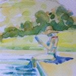 sketch and painting of woman reading a book by pool in tuscany
