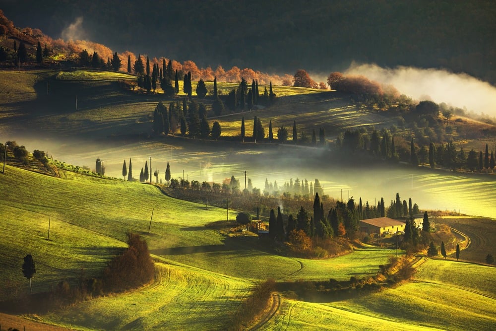 Shows green rolling hills of Tuscany