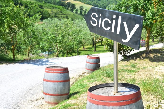 A sign reading 'Sicily' on top of a wine barrel, point in the direction of a vineyeard