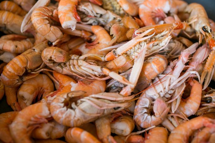 Whole prawns in shells at a market in Italy