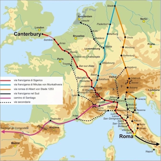 a map of Europe which illustrates the ancient pilgrim routes across Europe