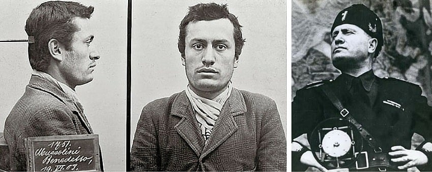 Benito Mussolini mugshot and in action