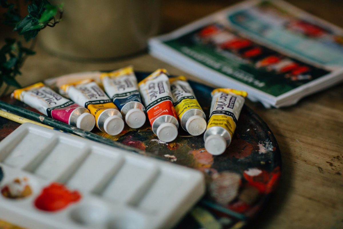 Multicoloured tubes of paint on a palette