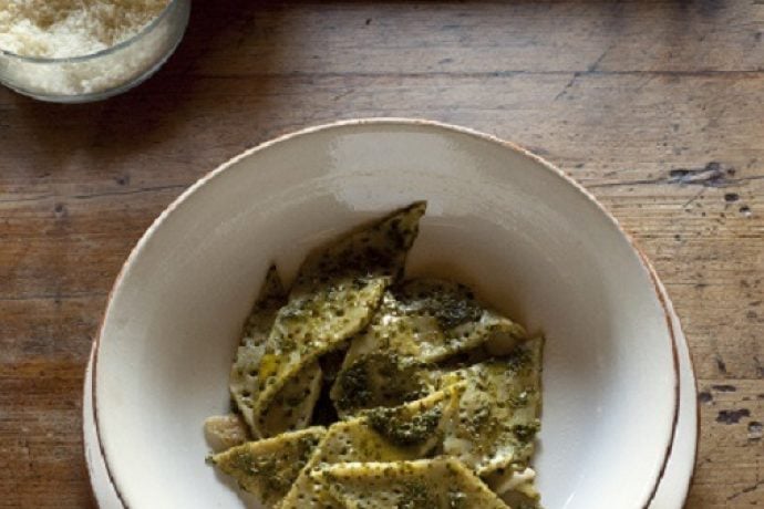 Testaroli with pesto dish from Tuscany