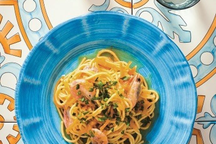 Chitarra pasta with pumpkin and shrimp