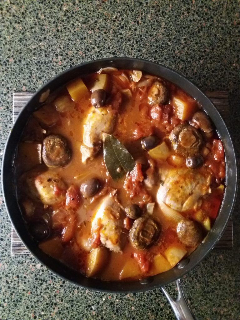 Chicken and Squash Cacciatore, Mushrooms, Tomatoes, Olives, Bread