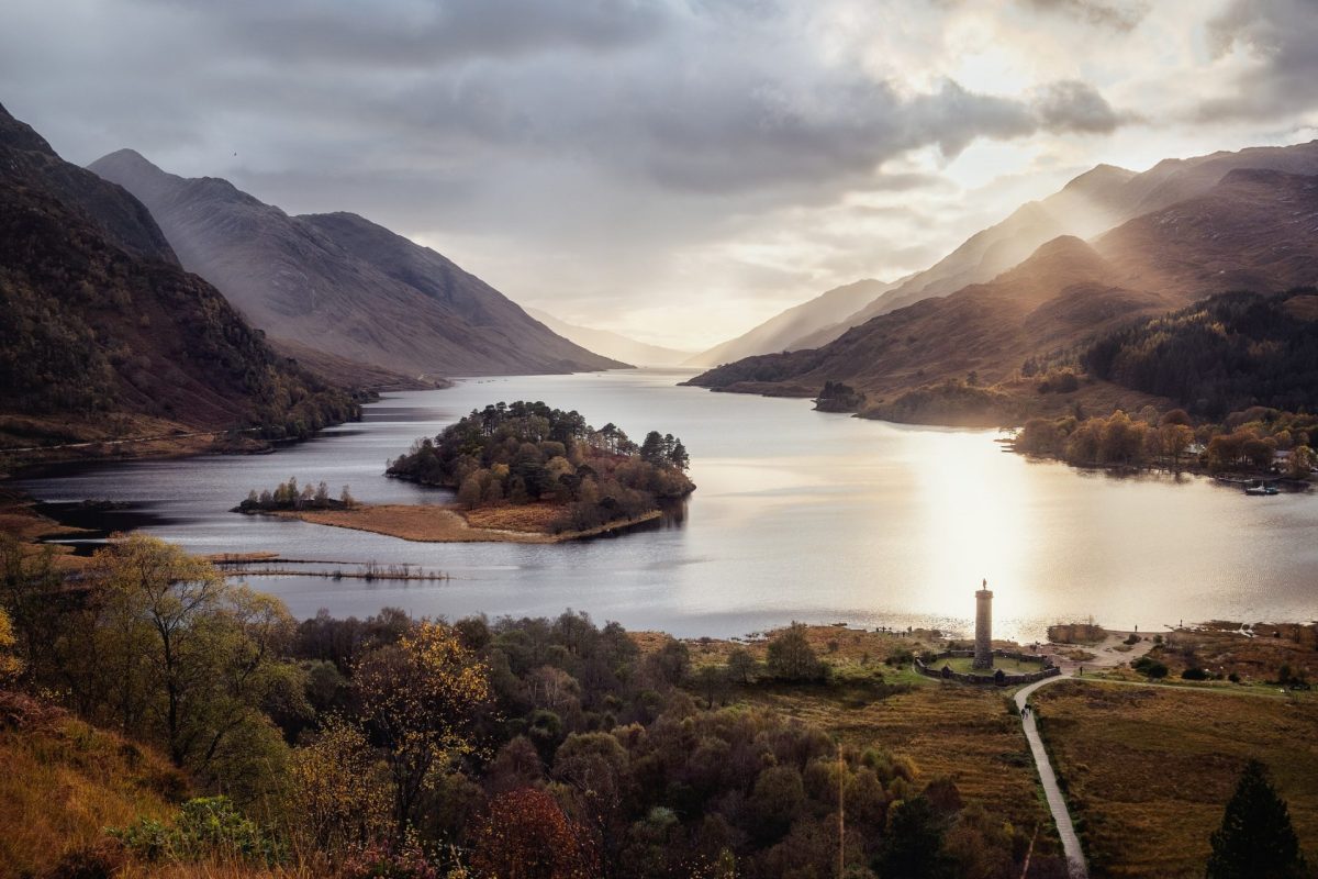 Sunset view of Glenfinnan Monument at Loch Shiel