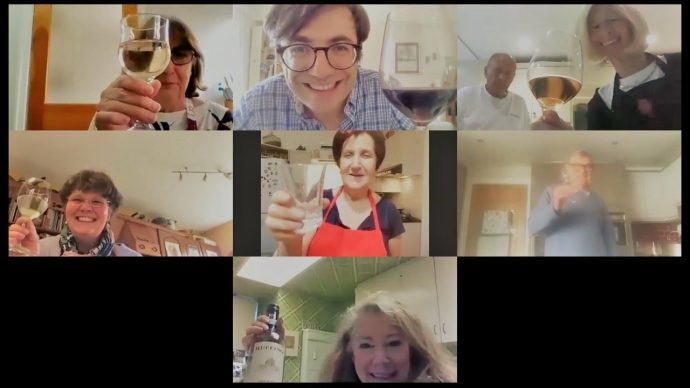 Cooking class on Zoom with glass of wine