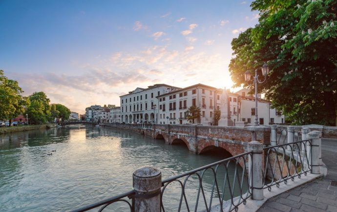 The embankment in the centre of Treviso during sunset. 