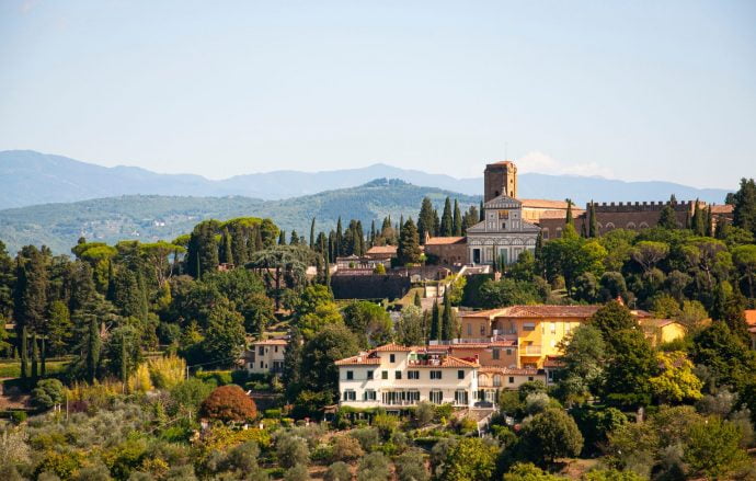 Beautiful view of San Miniato al Monte from Forte Belvedere in Florence, Tuscany, Italy