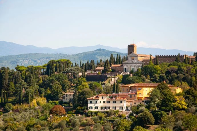 Beautiful view of San Miniato al Monte from Forte Belvedere in Florence, Tuscany, Italy