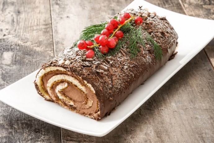 Tasty chocolate roulade on a plate