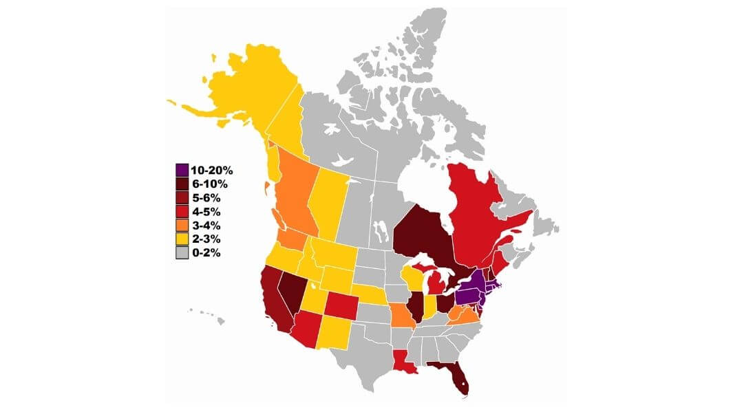 Map showing the percentage of Americans from Italian decent