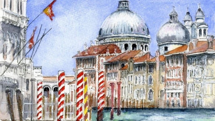 A painting group all painting together out in the sun A guests painting of the canal in Venice, Italy