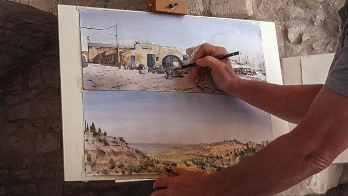 A painting of an Italian town on a canvas 