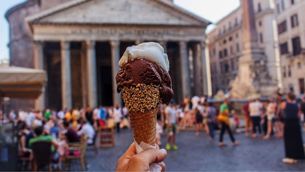 Enjoying ice cream in an Italian piazza