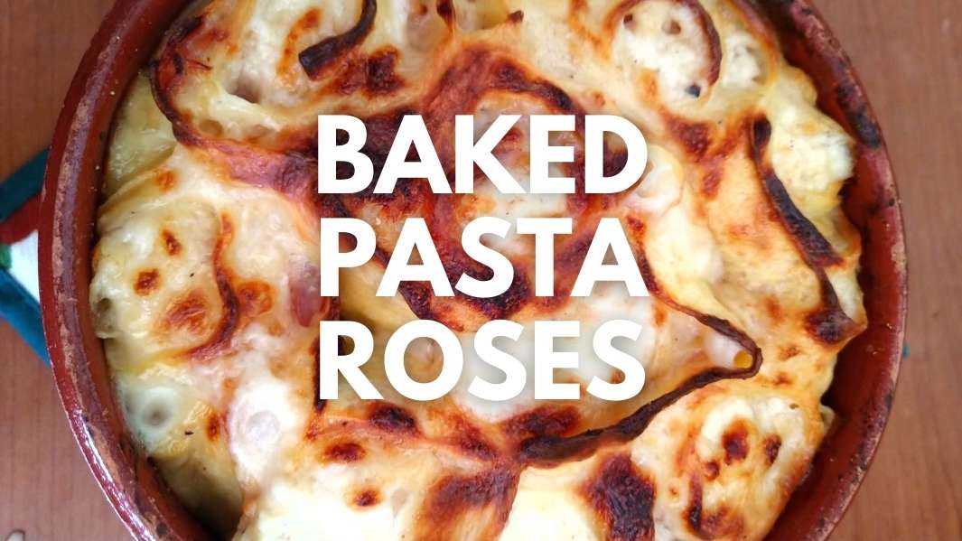 Baked pasta roses in a skillet