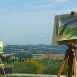 Two easels set up in Tuscany for a painting holiday
