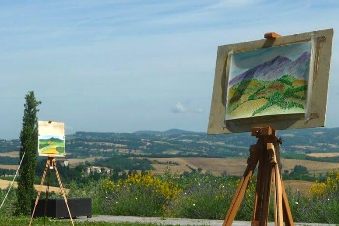 Two easels set up in Tuscany for a painting holiday