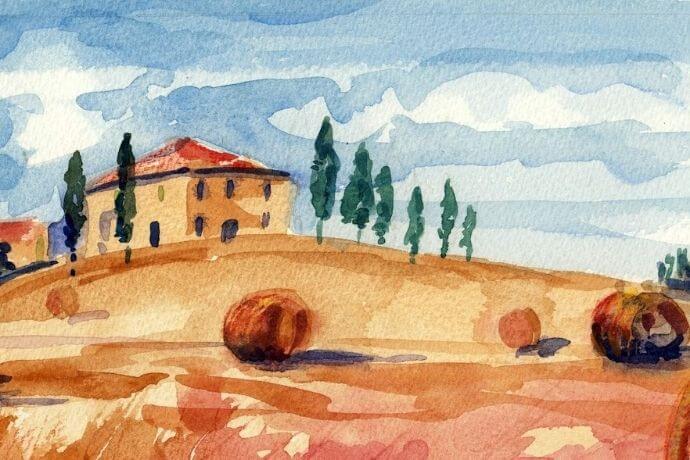 A watercolour painting of Tuscany