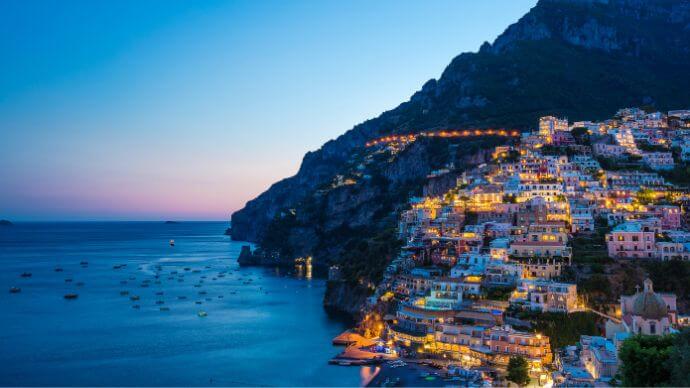 Positano situared at the Amalfi Coast in the evening time