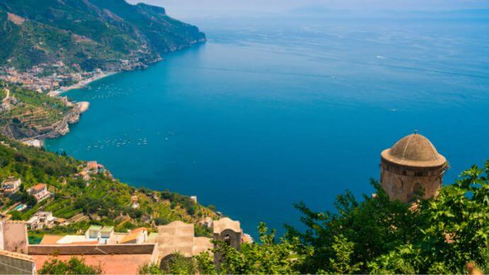 A high cliff-top town in Amalfi looking down to the sea