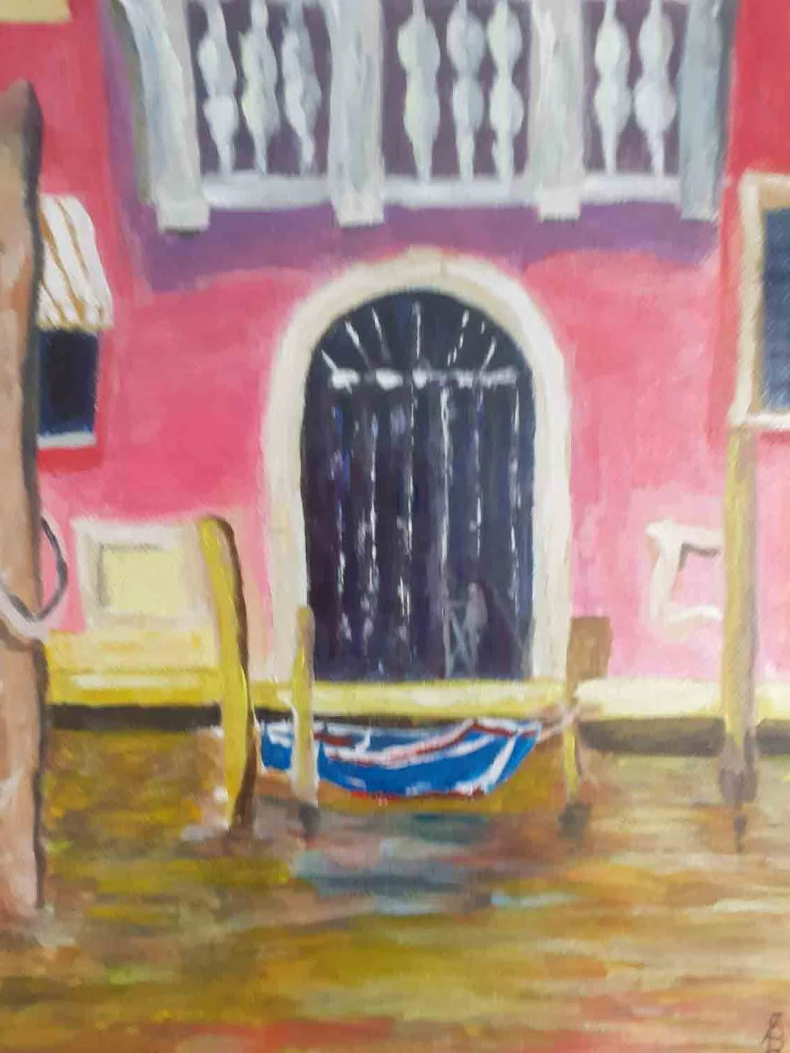 Venice canal with pink building Sylvia Shearer