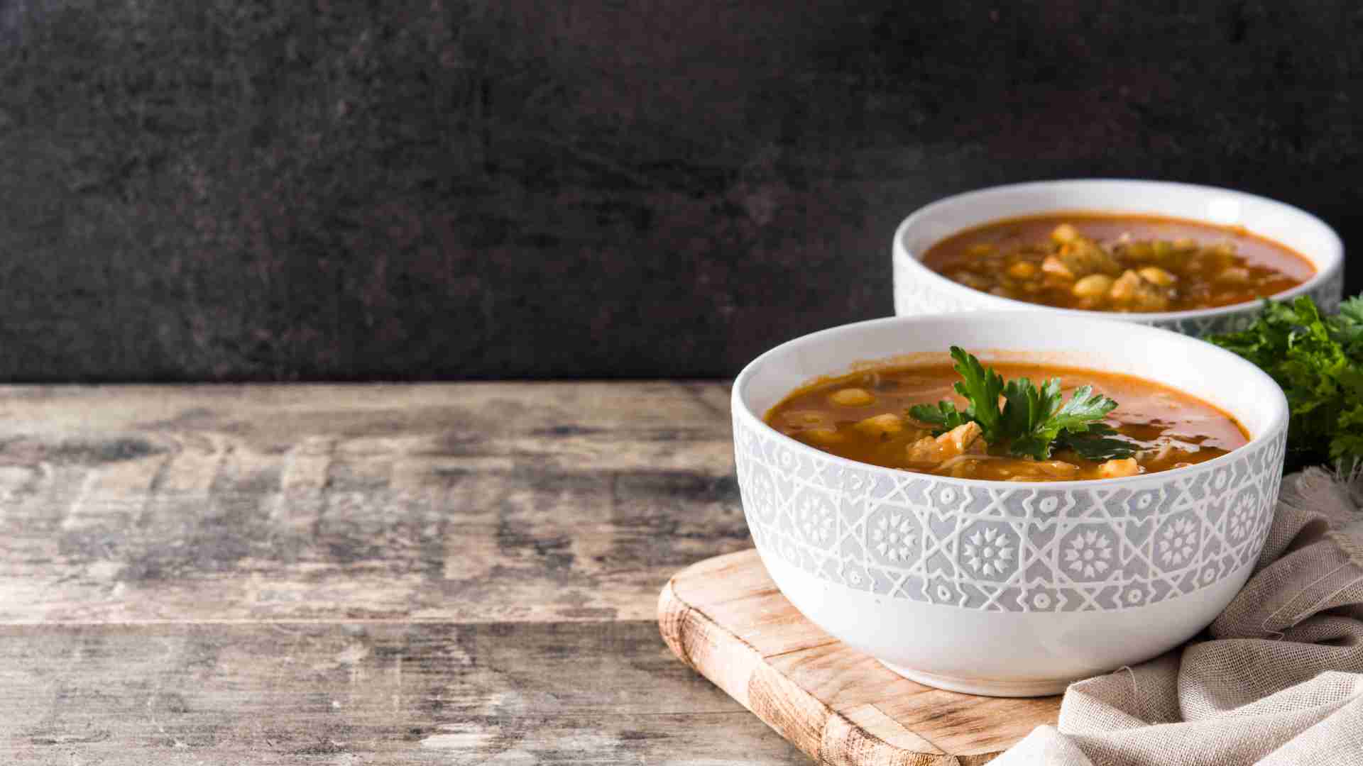A hearty Moroccan Harira soup made with lamb, tomatoes, lentils and spices. A hearty Moroccan Harira soup made with lamb, tomatoes, lentils and spices.