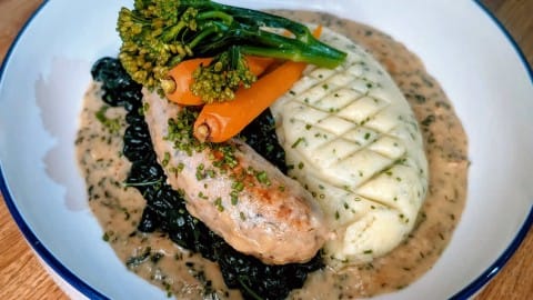 New recipe for Cider-Braised Sausages with Creamy Celeriac Mash.