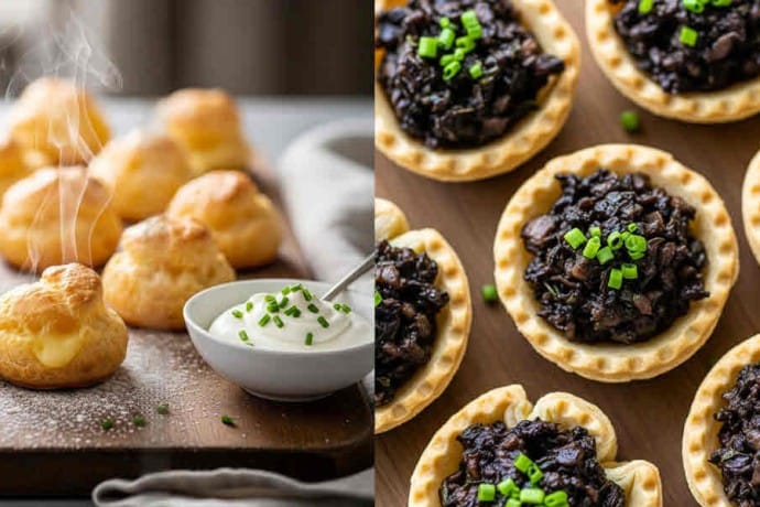 Small Bites Party Food - Mushroom Duxelle Tartlets & Gougères with Whipped Ricotta Dip.