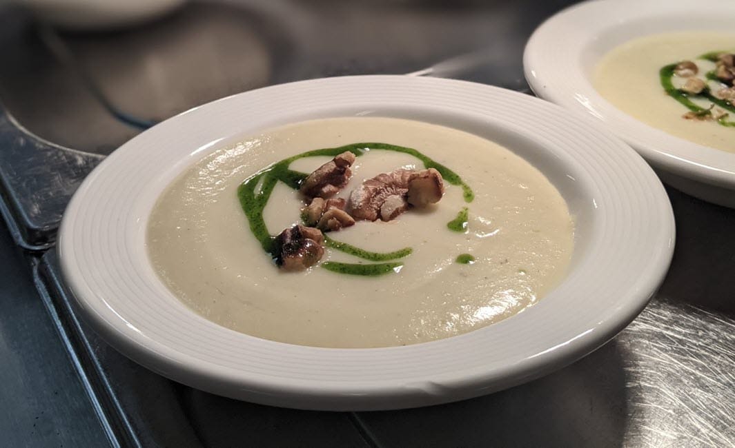 Celeriac, Cauliflower & Potato Soup is a sophisticated, clean, luxurious starter.