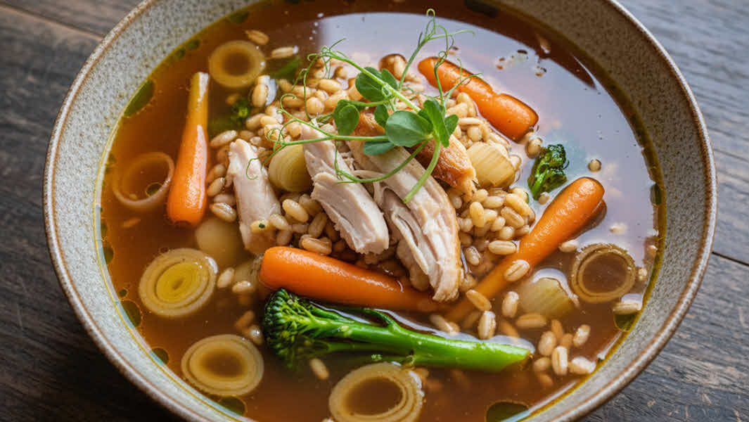 Homemade and hearty Roasted Chicken & Toasted Barley Broth.
