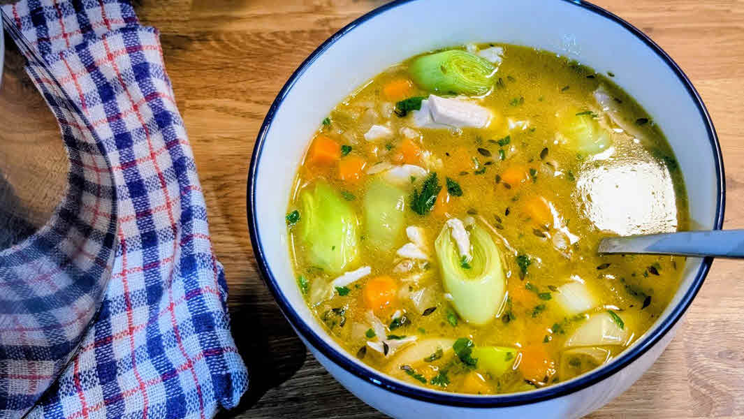 Homemade and hearty Roasted Chicken & Toasted Barley Broth. Homemade and hearty Roasted Chicken & Toasted Barley Broth.