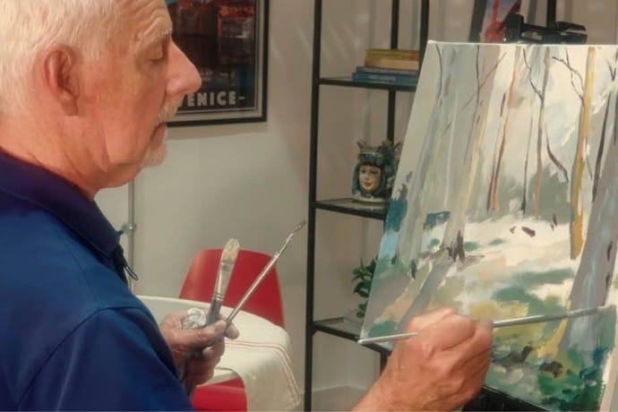 Art tutor Douglas Matthews showing techniques for painting trees with acrylics.