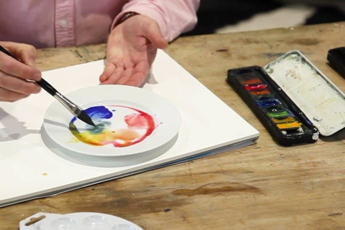 Watercolour paints for beginners and how to start colour mixing on the palette.