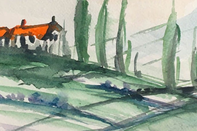 Mark's watercolour created during lesson on how to paint a Tuscan Landscape.